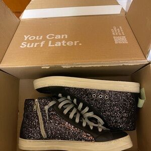 P448 Glitter High-Top Sneakers in Black and Silver
